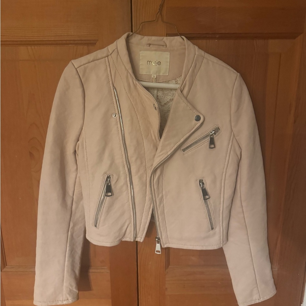 Maje Light Blush Leather Moto Jacket